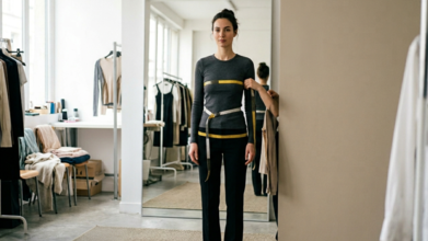 Casting femme mannequin cabine faisant une taille 40 pour essayages de prêt-à-porter féminin