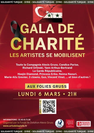 La famille Gruss et de nombreux artistes (Yann Arthus Bertrand, Richard Orlinski, Princess Erika...) se mobilisent en solidarité pour la Turquie et la Syrie à l'occasion d'un gala de charité le 6 mars aux Folies Gruss